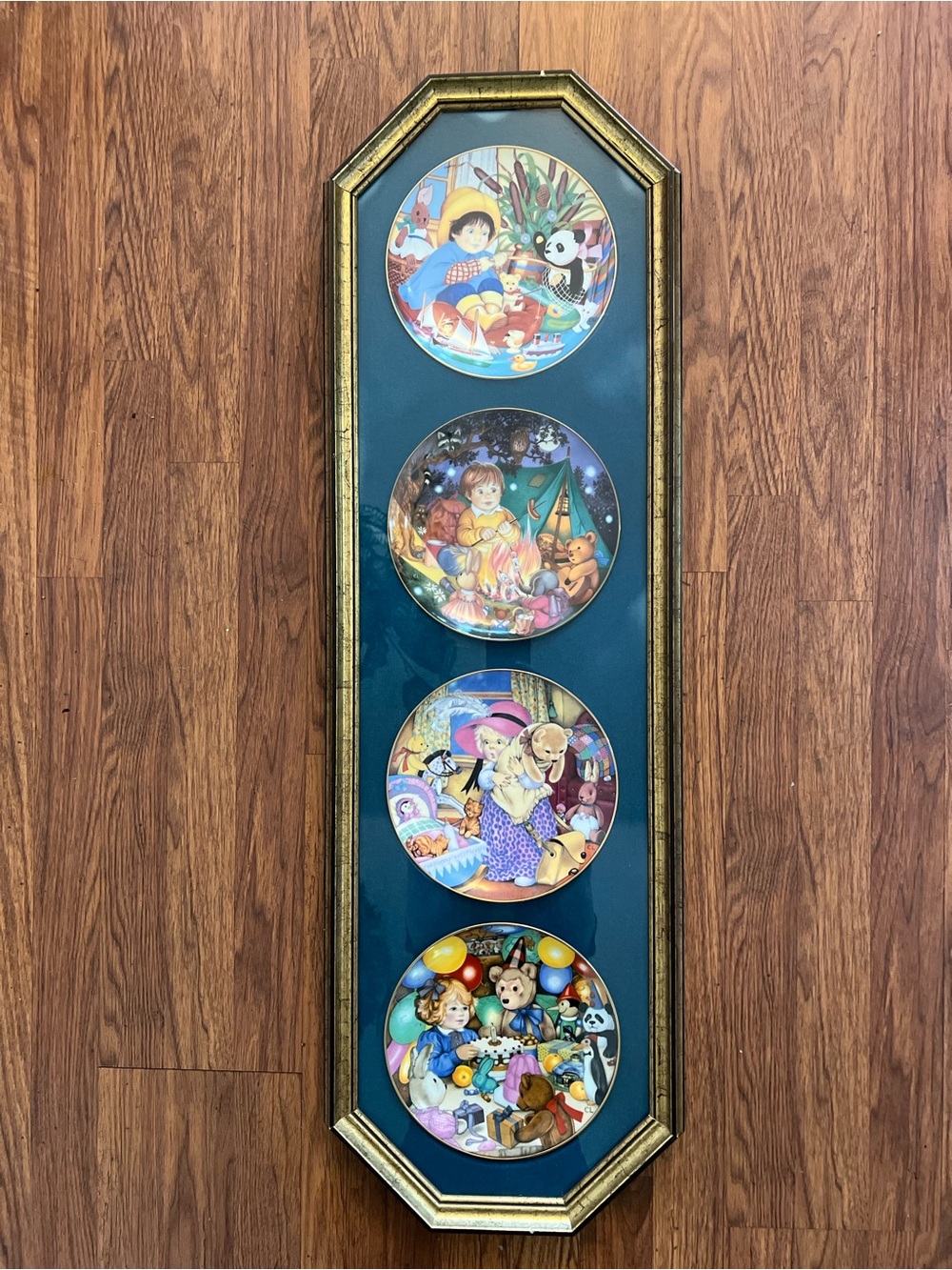 Gold Framed Four-Plate Wall Art in Teal and Gold